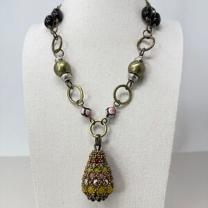 Pam Hiran Beaded Necklace Multi Color Beads Gold Tone Chain‎ Funky Statement